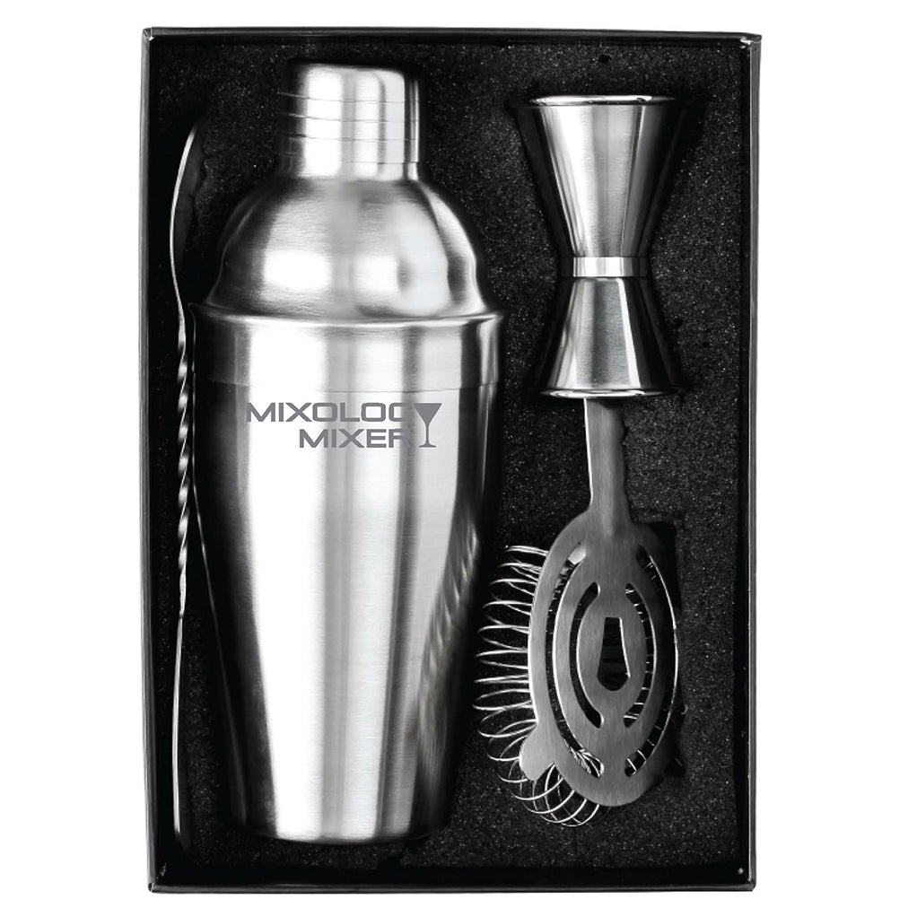 mixology mixer stainless steel shaker, jigger, bar spoon, and strainer